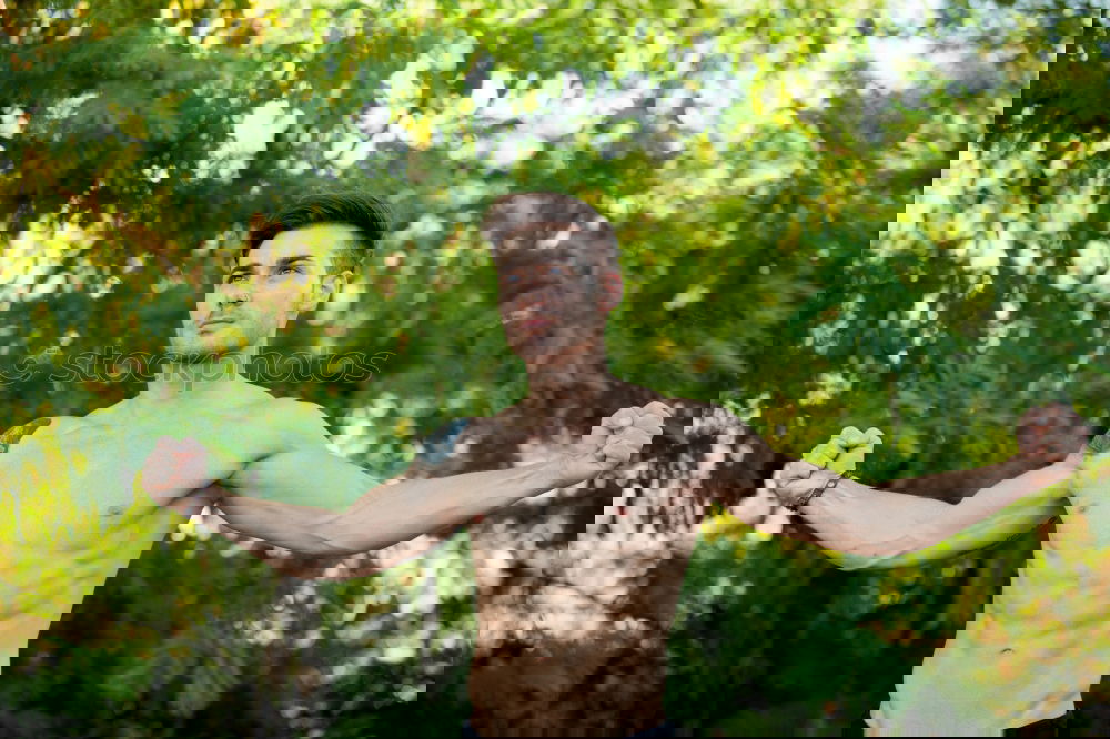 Similar – Image, Stock Photo Young bare man in colored smoke outdoors in the forest