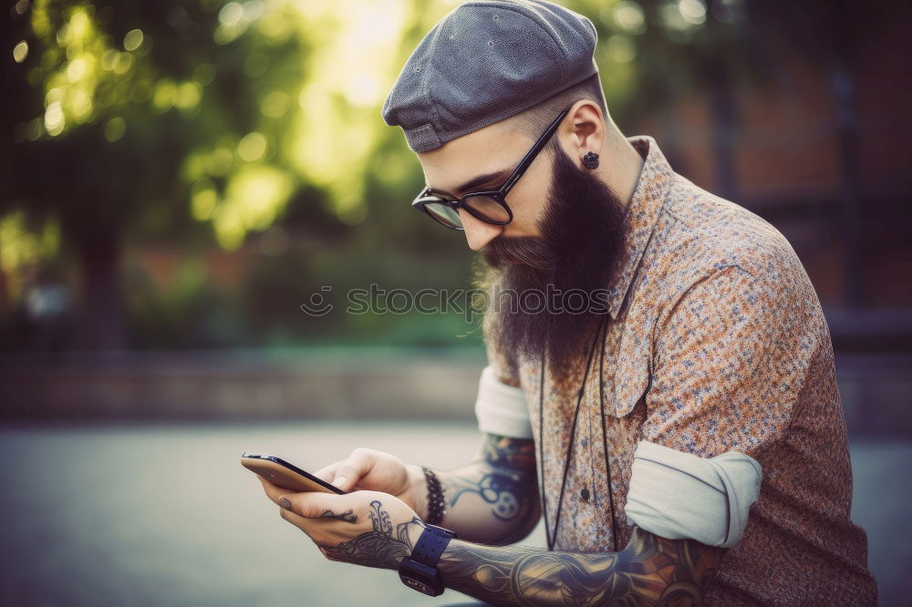 Similar – Image, Stock Photo Young smiling man looking at his smartphone in the street