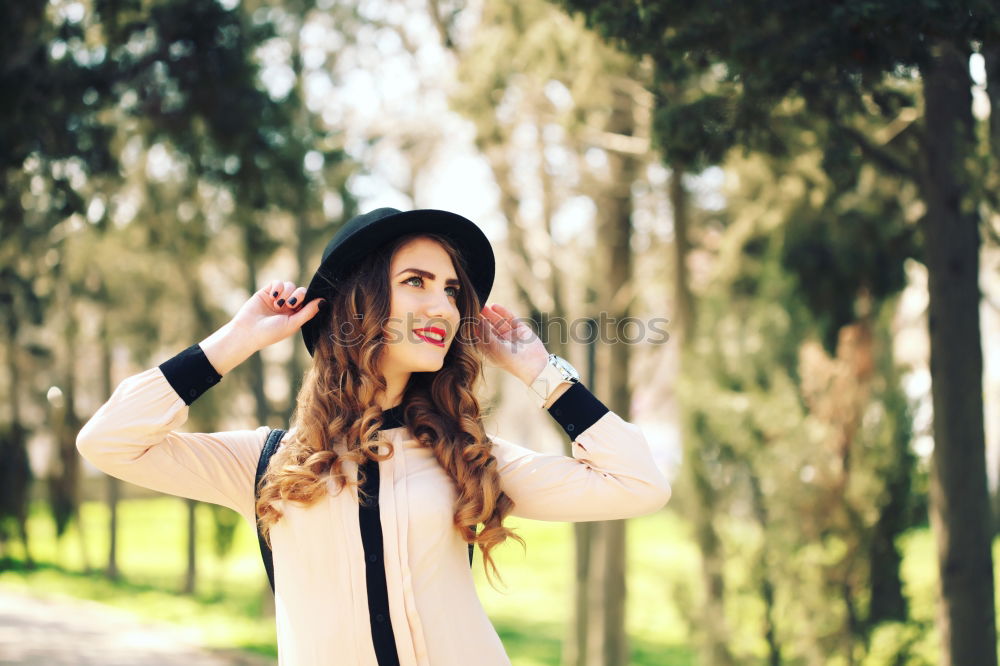 Similar – Image, Stock Photo Cute brunette girl standing in park, wearing coat and scarf