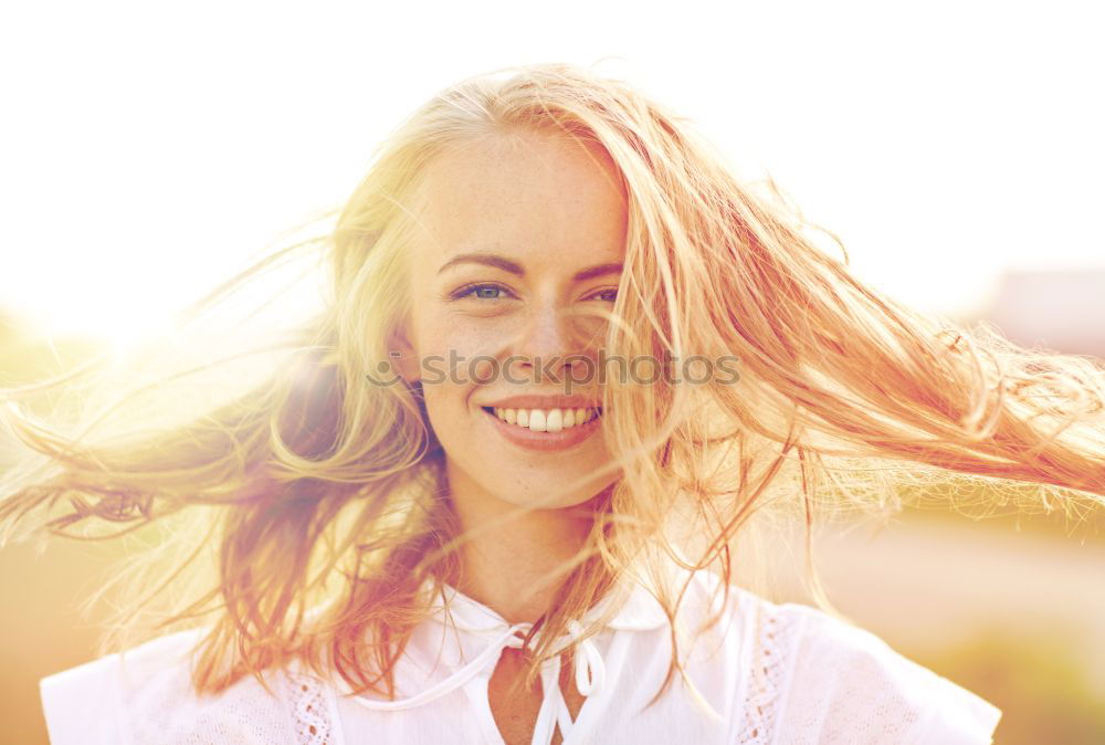 Similar – Image, Stock Photo Happy woman with a lovely smile turning to the camera