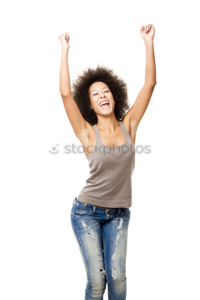 Similar – Image, Stock Photo Funny black woman with afro hair raising arms outdoors