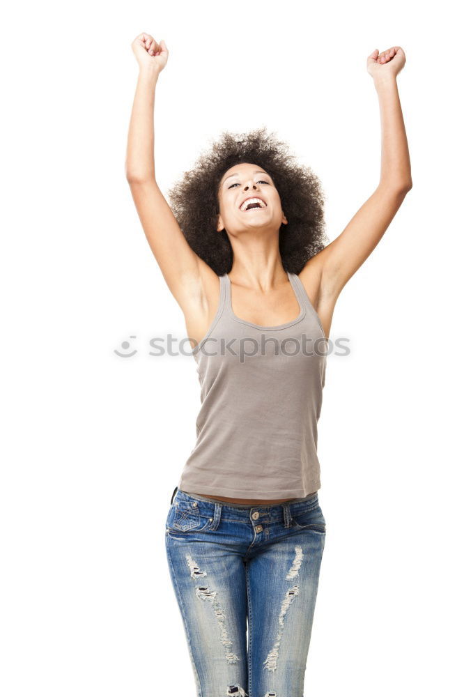 Similar – Image, Stock Photo Funny black woman with afro hair raising arms outdoors