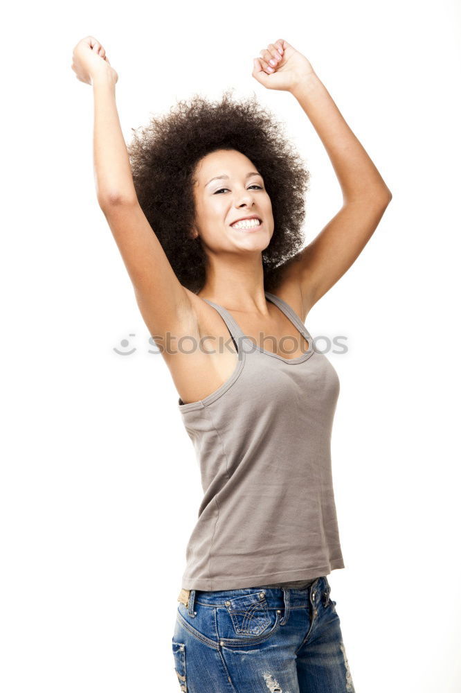 Similar – Image, Stock Photo Funny black woman with afro hair raising arms outdoors