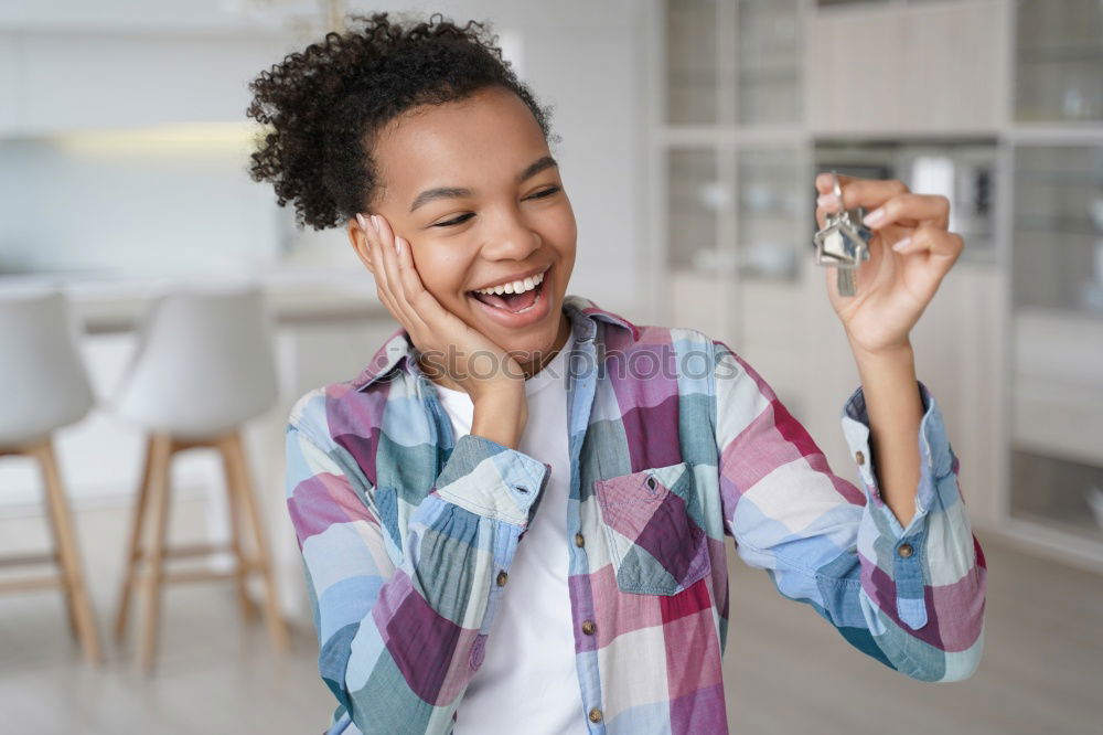 Similar – Image, Stock Photo Happy African woman taking selfie and drinking smoothie