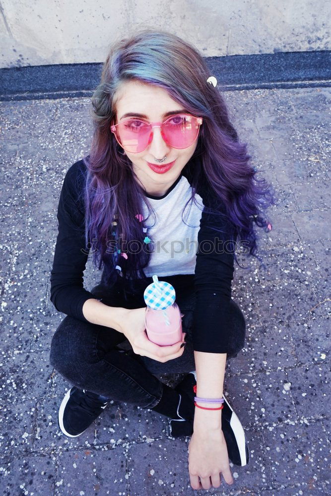 Similar – Happy beautiful teen with pink sunglasses