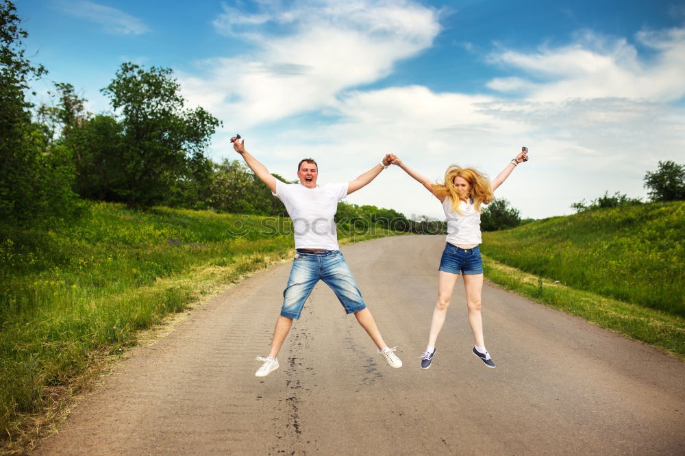 Similar – happy father and daughter walking on summer meadow