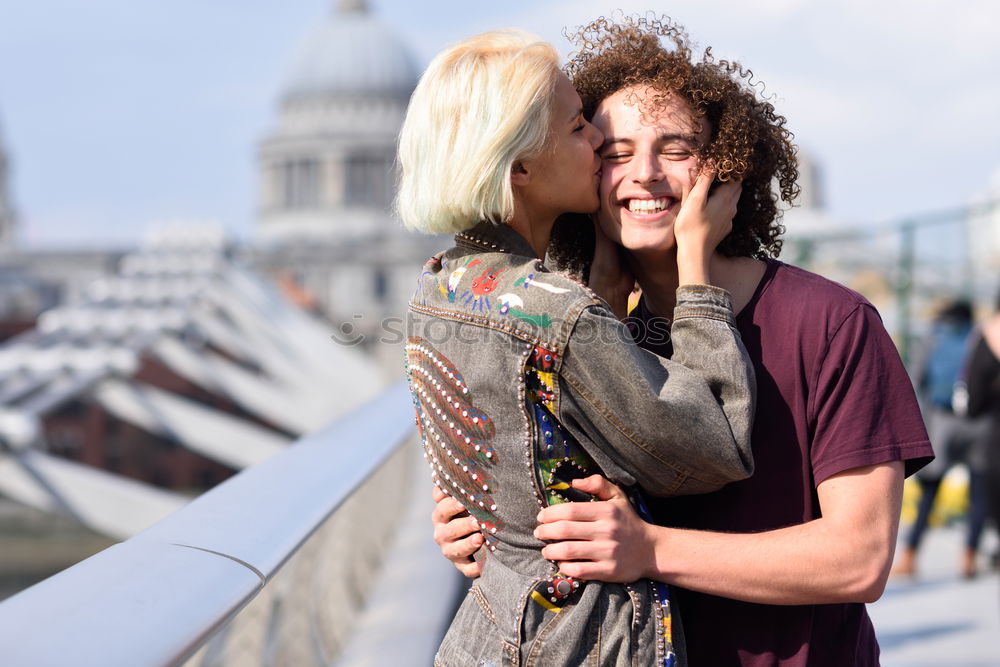 Similar – Image, Stock Photo Happy couple talking sitting near River Thames