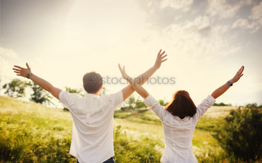 Similar – happy father and daughter walking on summer meadow