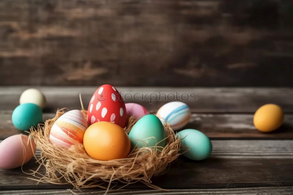 Similar – Easter eggs in hay nest on a rustic wooden background