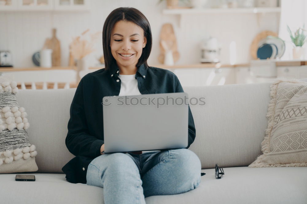 Similar – Image, Stock Photo beautiful black woman on bed with laptop and cup of coffee