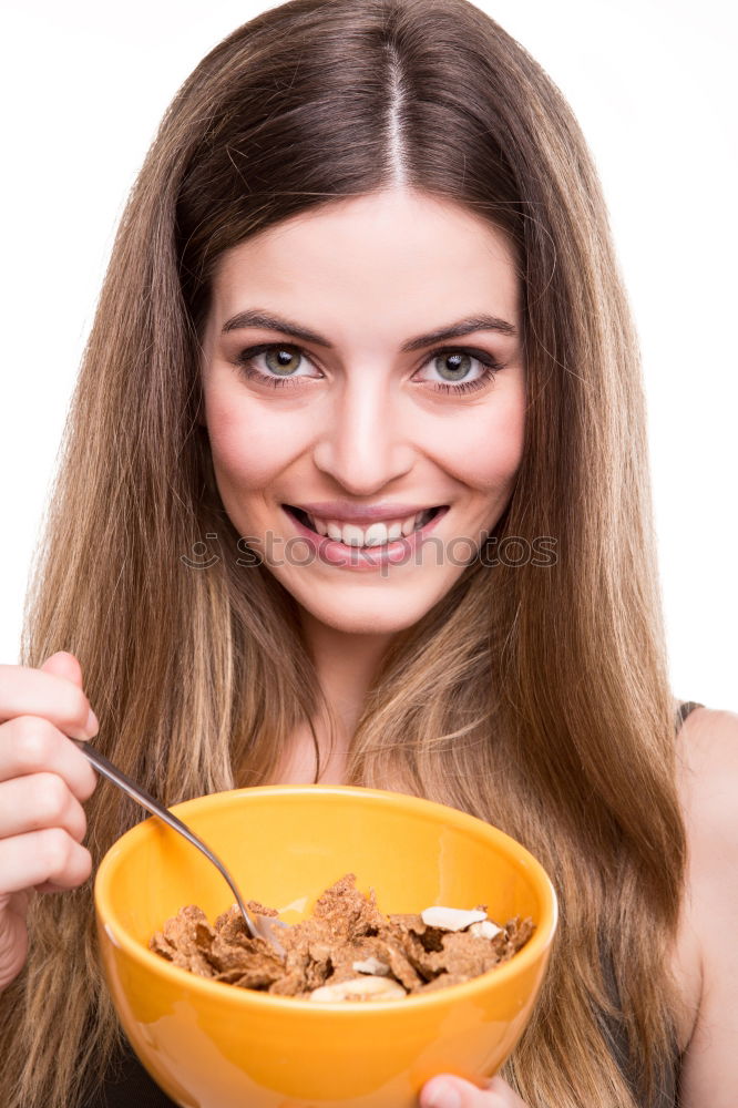 Similar – Image, Stock Photo woman close up eating oat and fruits bowl for breakfast