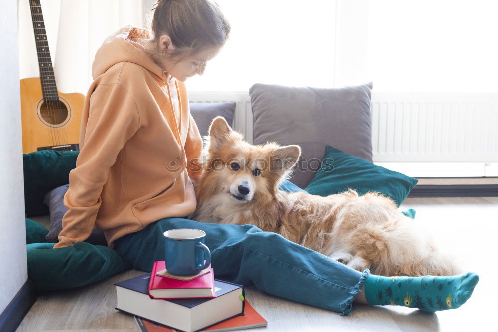 Similar – Image, Stock Photo Woman and dog relaxing at home