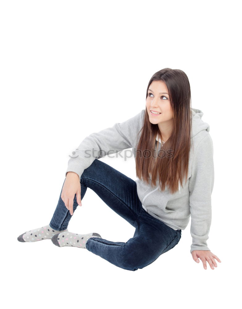 Similar – Image, Stock Photo Full body portrait of a young woman in sneakers sitting on a plank floor