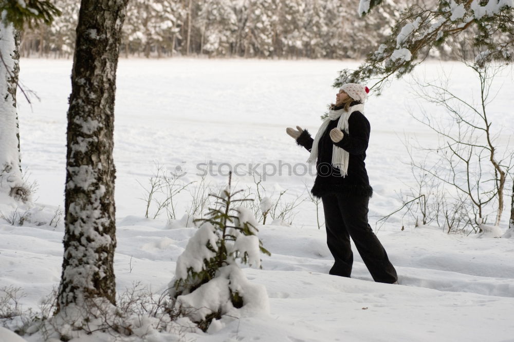 Similar – Image, Stock Photo Woman with blue jacket at the edge of forest during snowfall