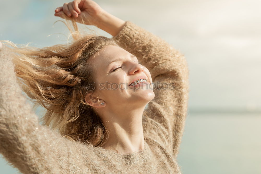 Similar – Image, Stock Photo Happy woman with a lovely smile turning to the camera