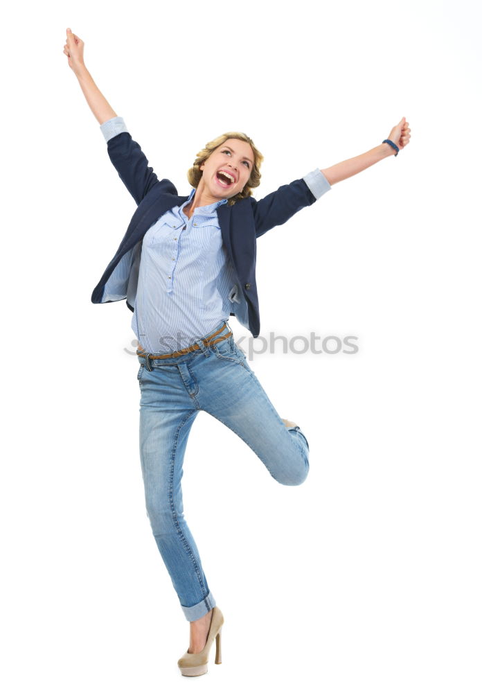 Similar – Funny blonde woman jumping in urban background.