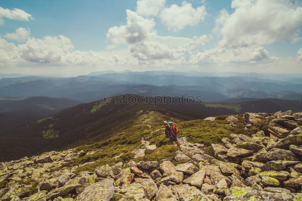 Similar – Image, Stock Photo Climbing sport: young boy takes a rest observing panorama