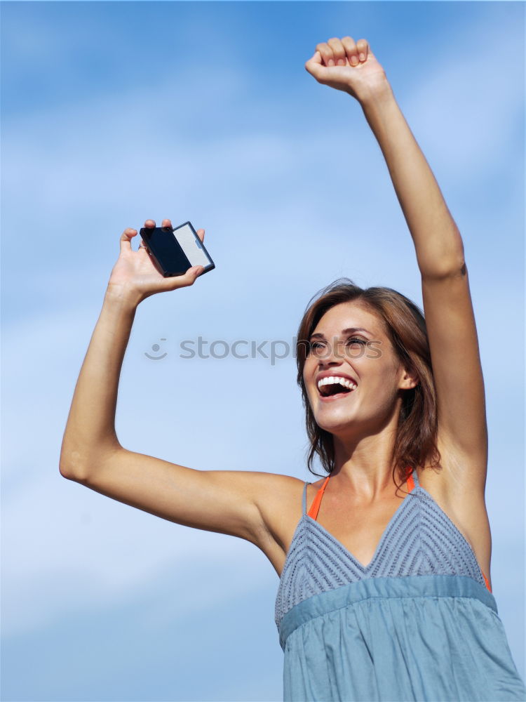 Image, Stock Photo Young beautiful woman in yellow dress taking a selfie