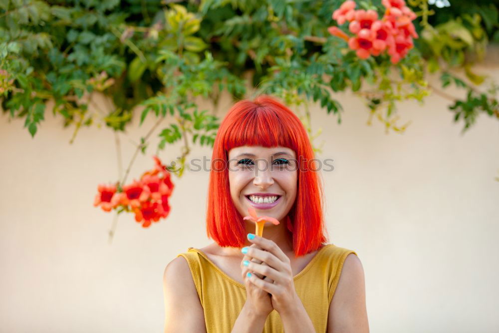 Image, Stock Photo Happy woman with red hair and yellow dress