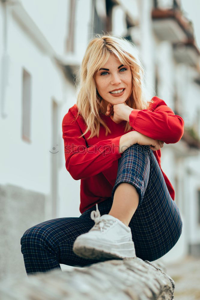 Similar – Image, Stock Photo Happy young blond woman standing on urban background.