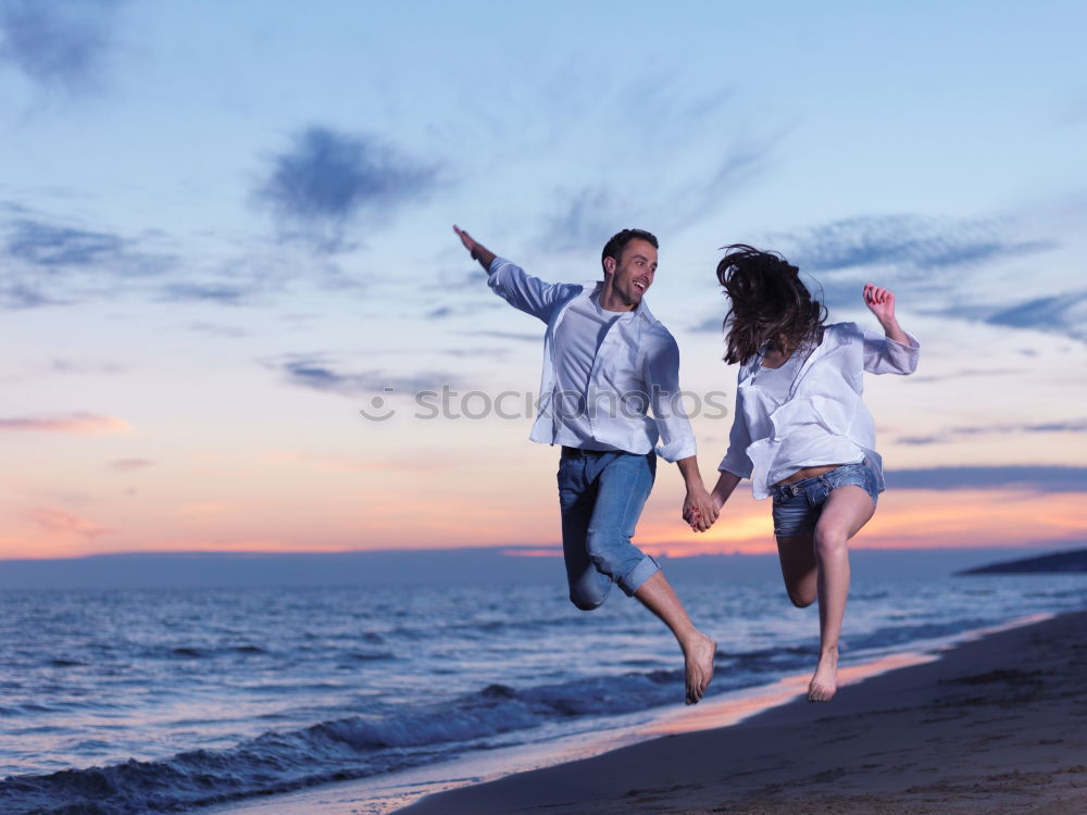 Similar – Image, Stock Photo Smiling woman offering to follow her near sea