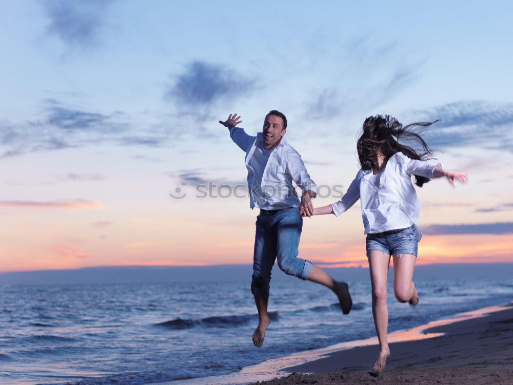 Similar – Image, Stock Photo Smiling woman offering to follow her near sea