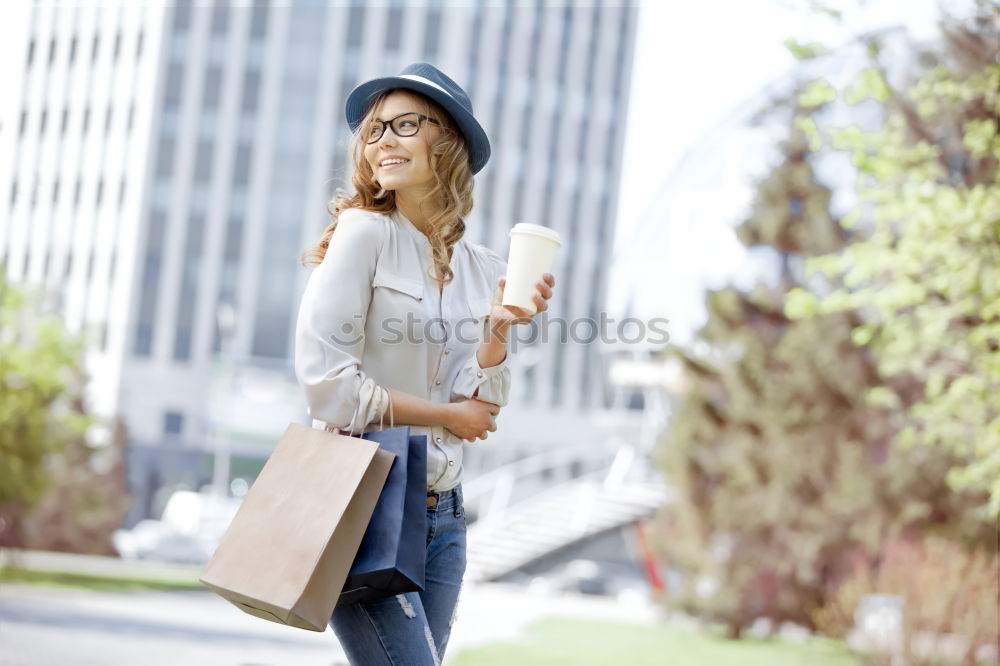 Image, Stock Photo Content female in trendy wear doing shopping at city street