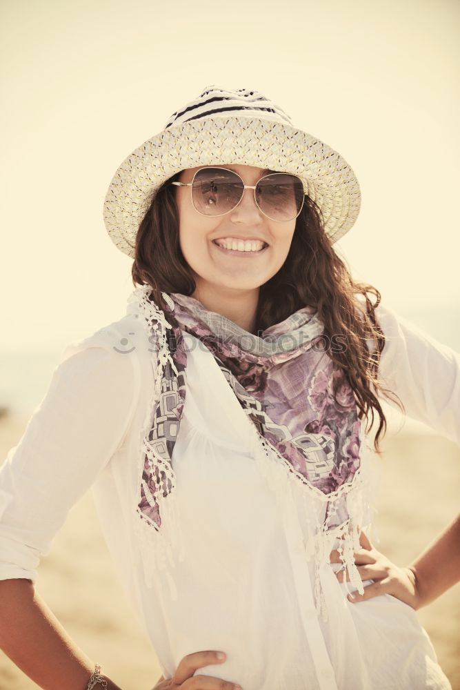 Image, Stock Photo Smiling girl with camera in the field