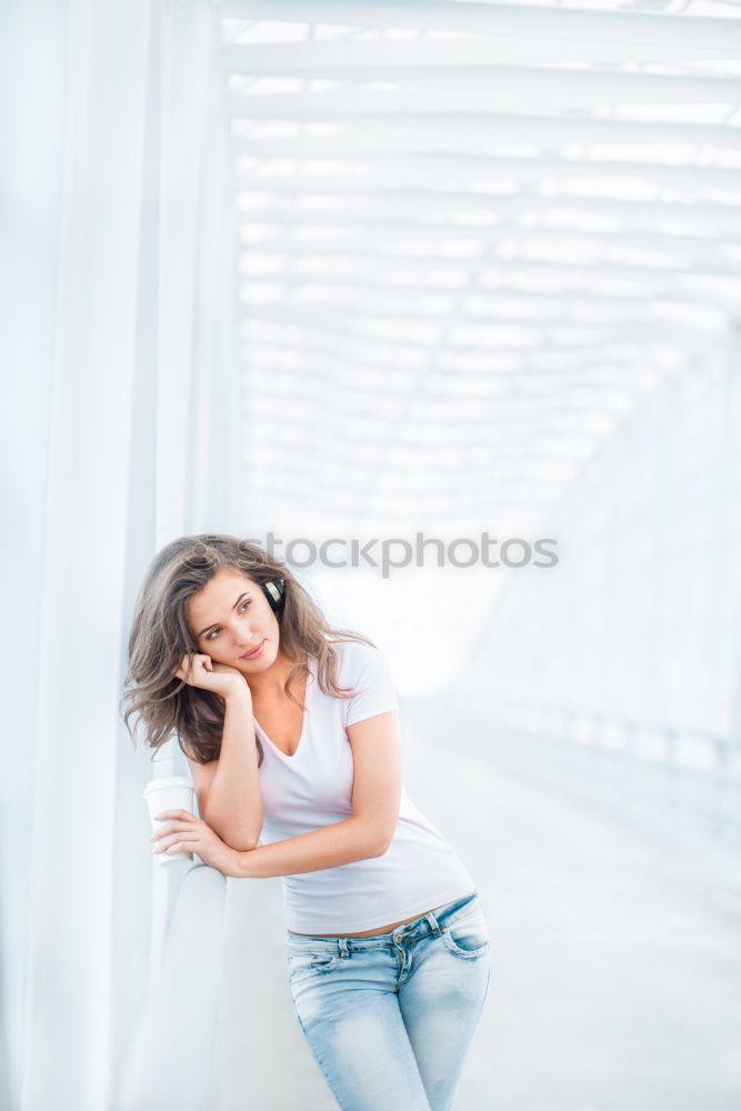 Similar – Image, Stock Photo Happy young blond woman standing on beautiful steps in the street.