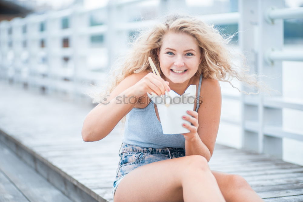 Similar – Young woman on a jetty Joy