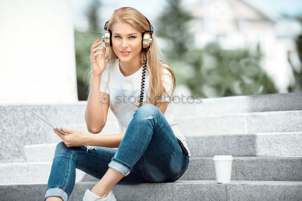 Similar – Beautiful young caucasian woman smiling in steps