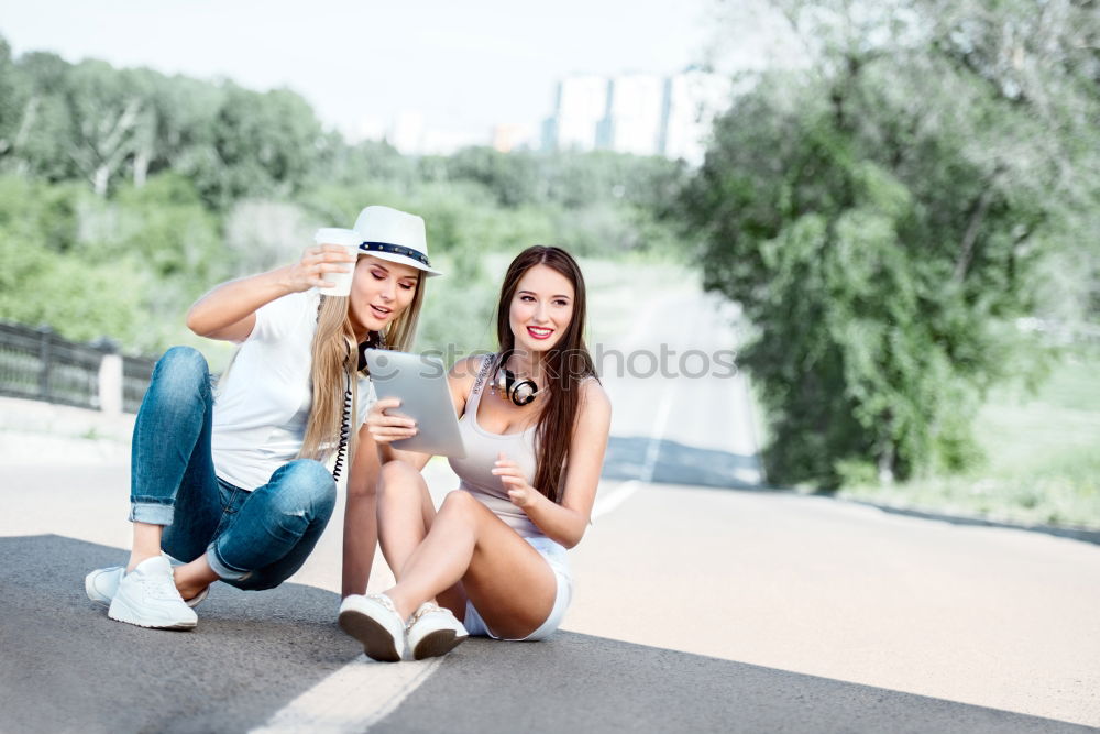 Similar – Image, Stock Photo Young adult hipster girlfriends taking selfie and pulling faces