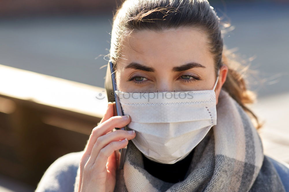 Similar – Image, Stock Photo Portrait of caucasian sporty woman wearing medical protection face mask while walking in park, relaxing and listening to music. Corona virus, or Covid-19, is spreading all over the world