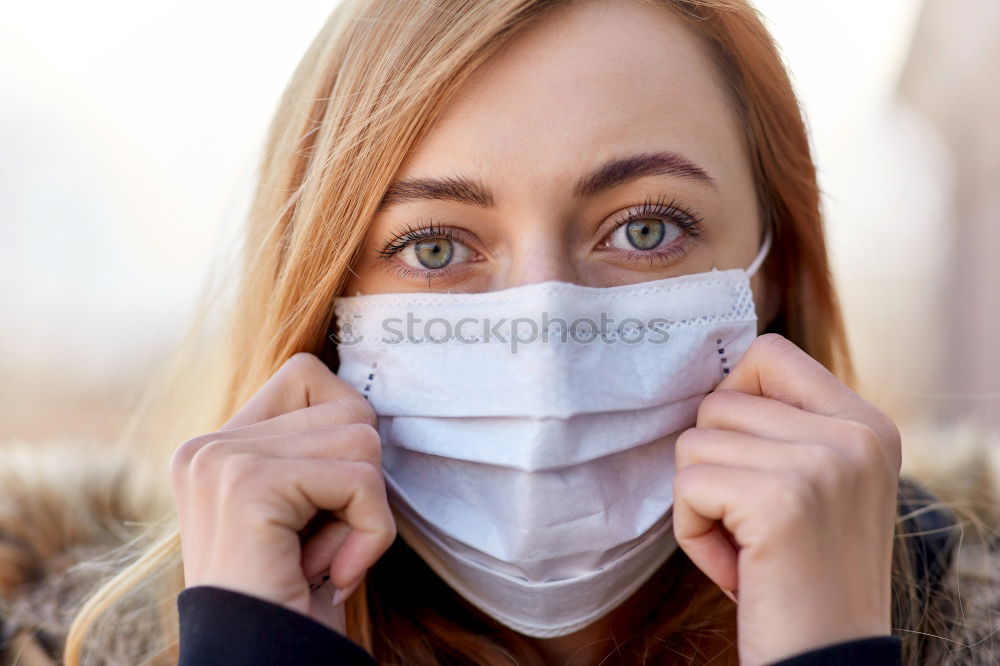 Image, Stock Photo Portrait of caucasian sporty woman wearing medical protection face mask while walking in park, relaxing and listening to music. Corona virus, or Covid-19, is spreading all over the world