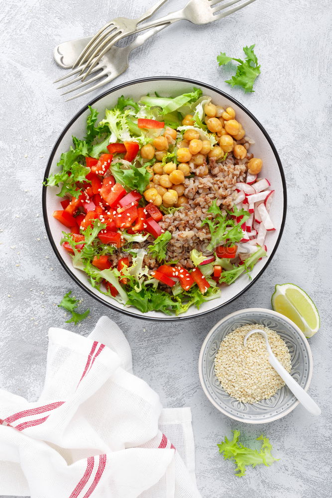 Similar – Image, Stock Photo Quinoa bowl with tomatoes, zucchini and lime