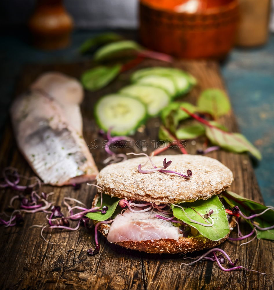 Image, Stock Photo Healthy fish sandwich with cornbread and matjes