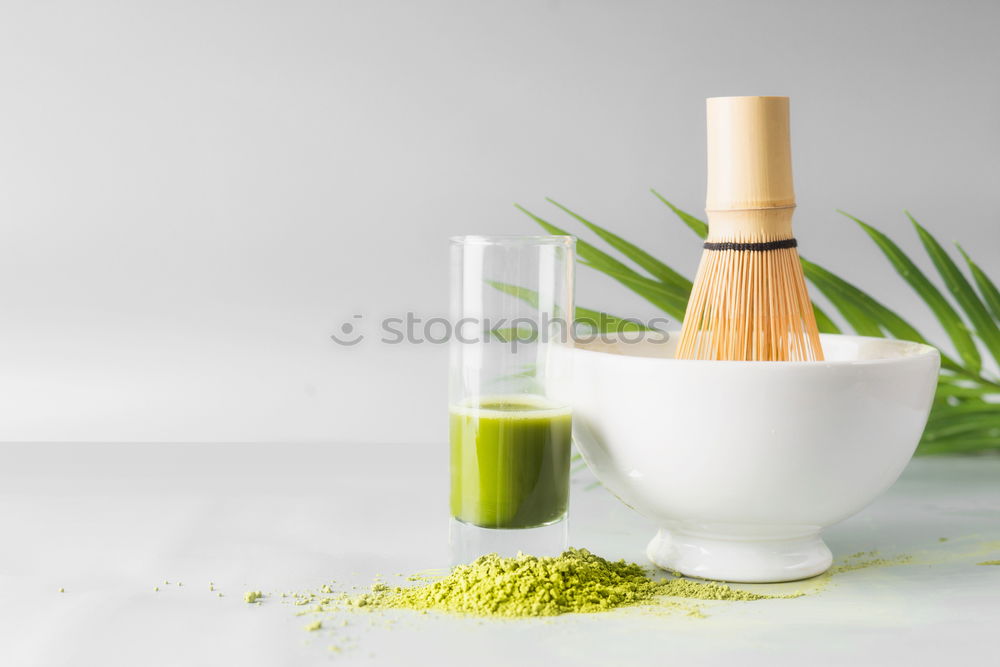 Image, Stock Photo Matcha Espresso in Glass with Matcha Broom and Match Powder