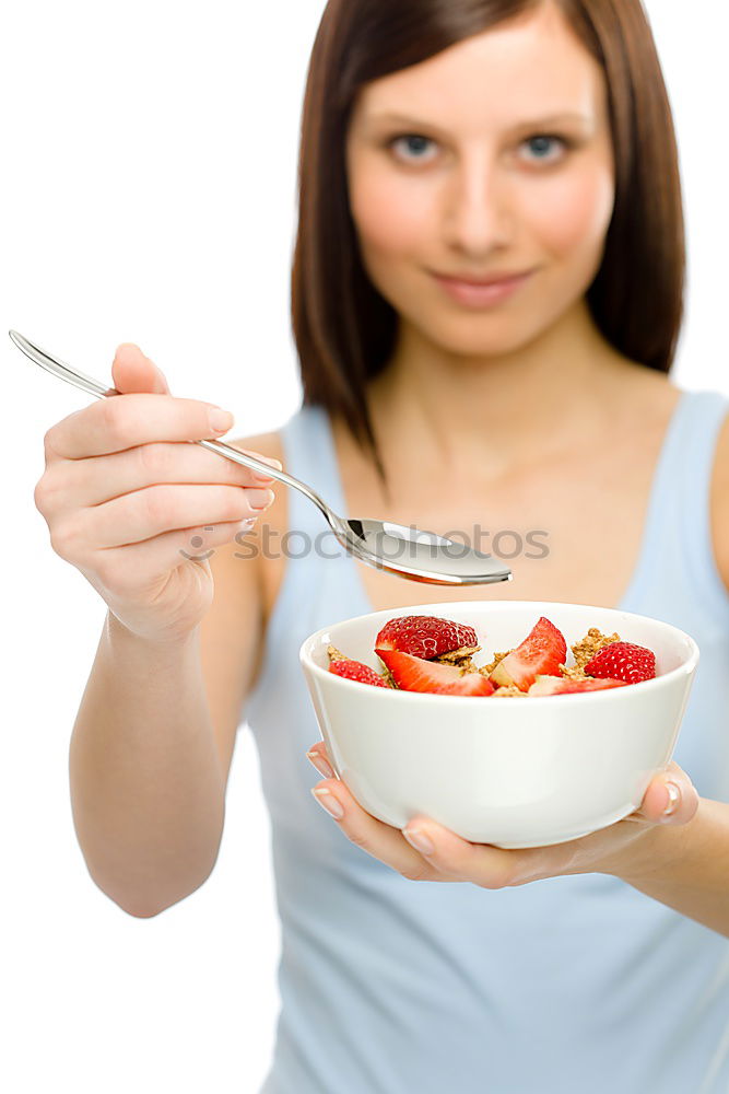 Similar – Image, Stock Photo woman close up eating oat and fruits bowl for breakfast