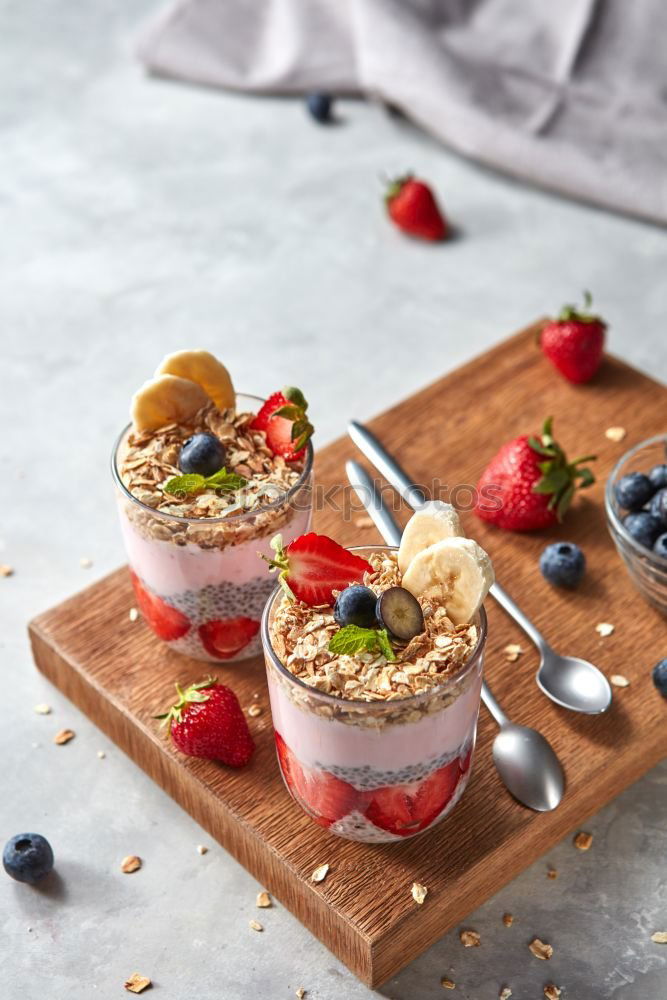 Similar – Image, Stock Photo Chia pudding Strawberry parfait with greek yogurt and nuts