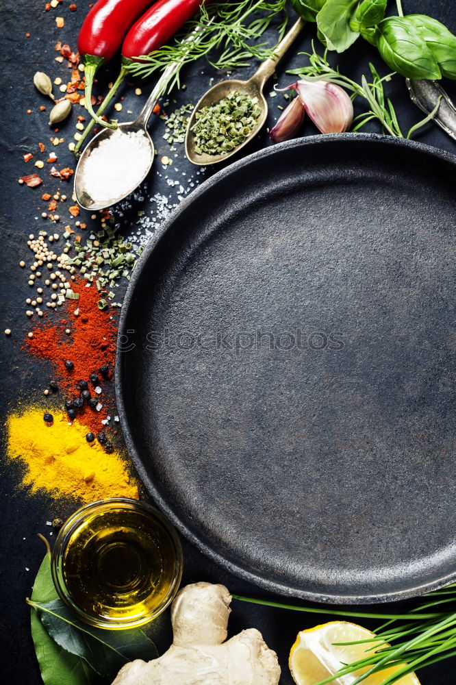 Image, Stock Photo Empty wok pan on kitchen table with chopsticks and vegetarian Asian food ingredients, top view. Copy space.  Healthy eating and cooking