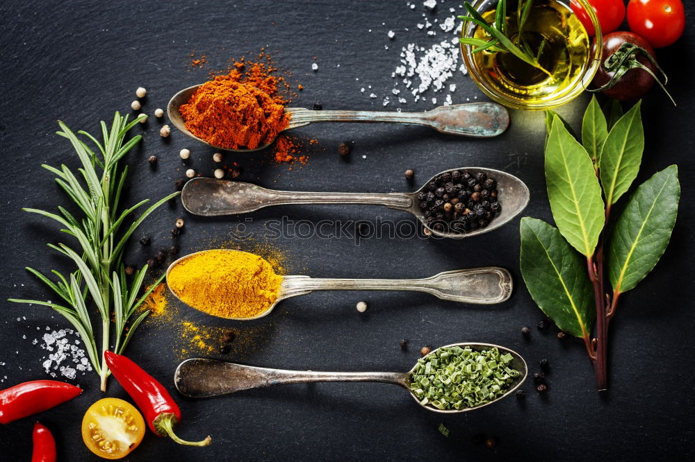 Image, Stock Photo Spices and oil on table