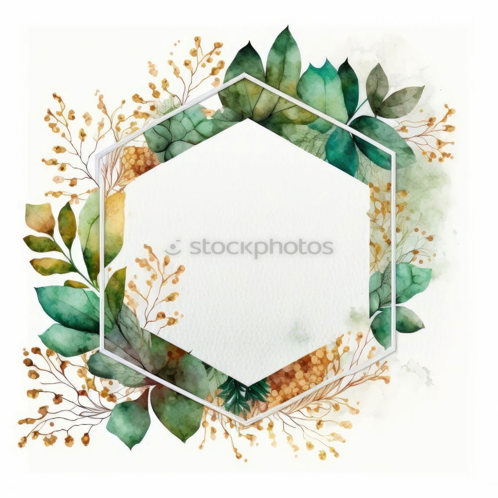 Watercolor Bohemian golden frame with dried leaves and tropical flowers illustration