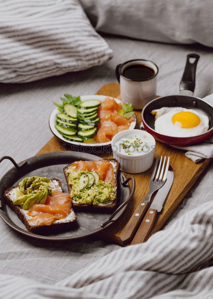 Similar – country breakfast on rustic home kitchen with farm eggs