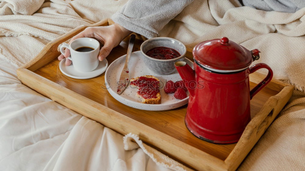 Image, Stock Photo Flatlay of wooden tray with cup of coffee, peaches, creamer