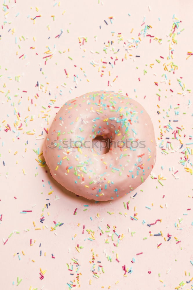 Similar – Image, Stock Photo Top view of pink donut on white and pink background