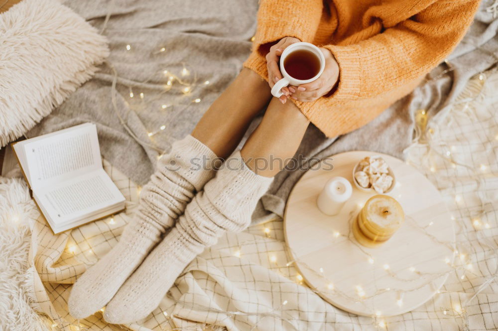 Similar – Image, Stock Photo Flatlay of wooden tray with cup of coffee, peaches, creamer