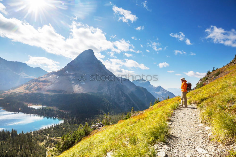 Similar – Hikers with rucksack in the mountains