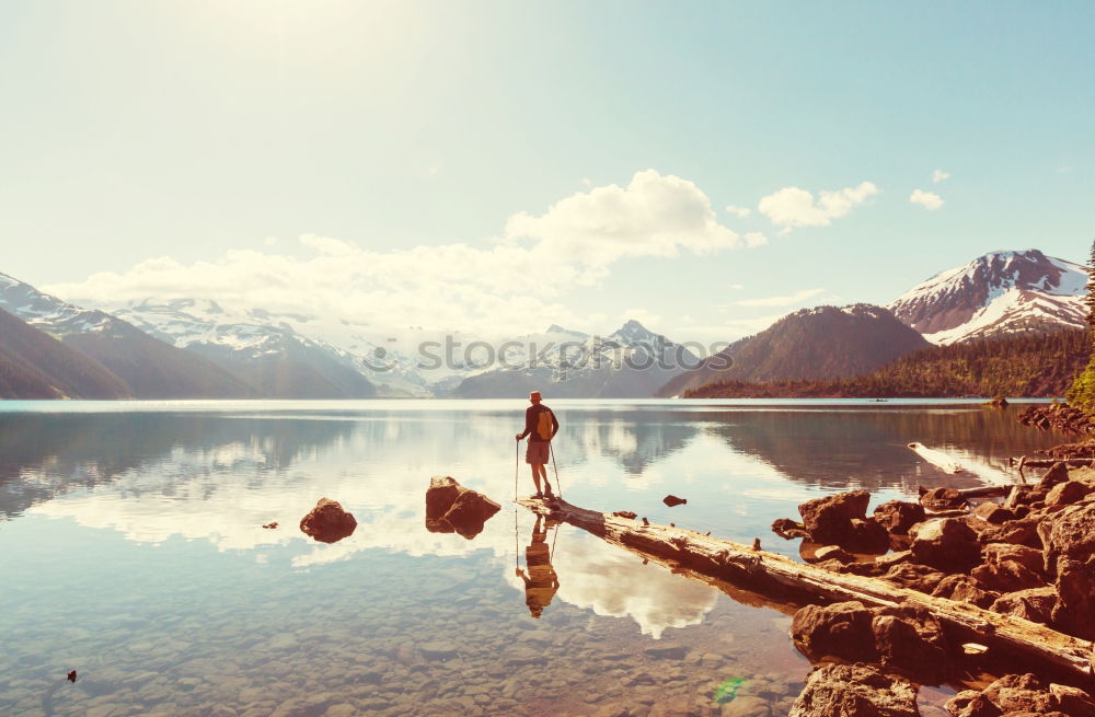 Similar – Image, Stock Photo Woman on a deck over an alpine lake