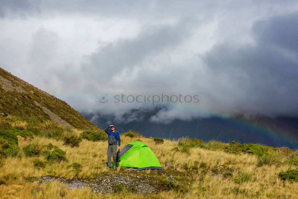 Image, Stock Photo Rainbow, Young woman, Rain, Valley, Fjäll, Hiking, Adventure