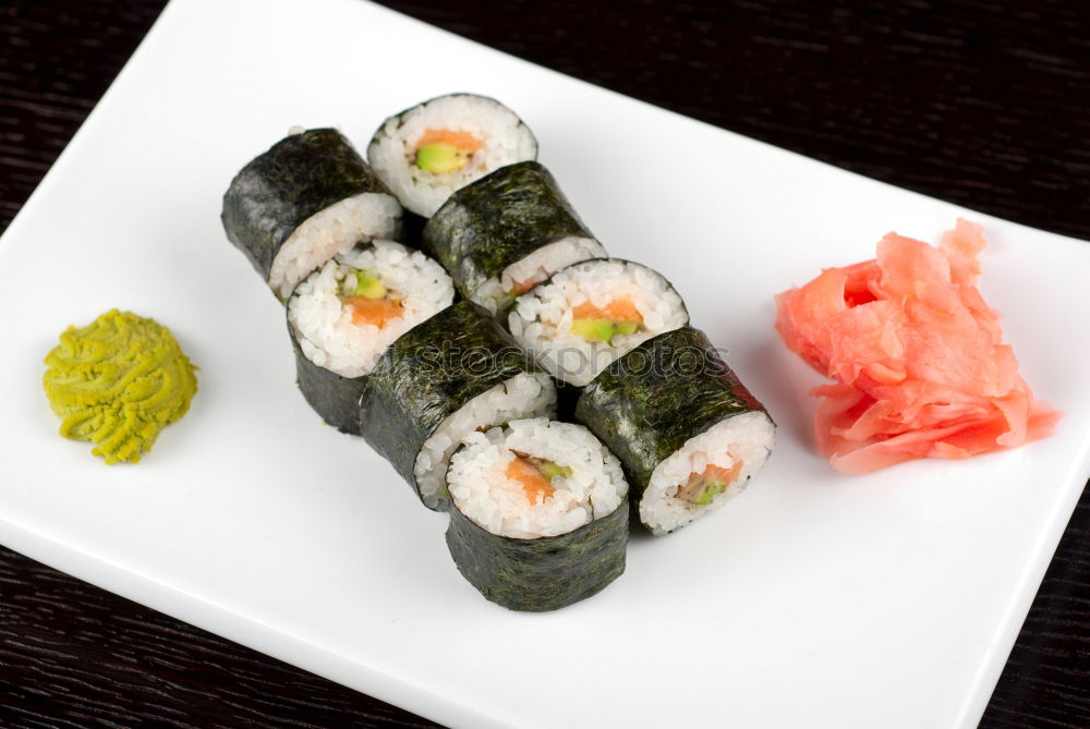 Similar – sushi assortment in white plate and soya sauce